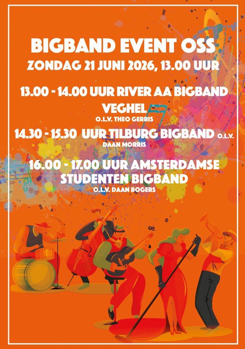 Programma 2026 Bigband evenement met tijdschema en locaties in Oss op 21 juni 2024.
